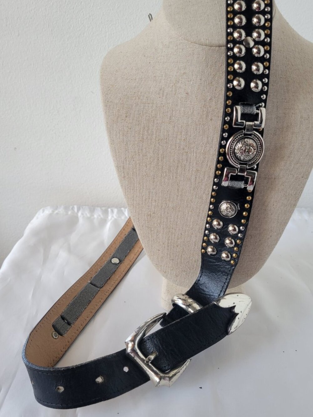 Handmade Upscaled Denim Blue Jean Crossbody Handbag w/ Black Studded Belt - Picture 8 of 16